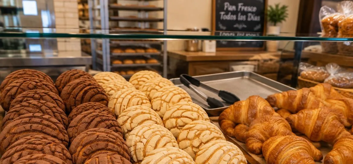 Vitrina con conchas de chocolate y vainilla y cuernitos