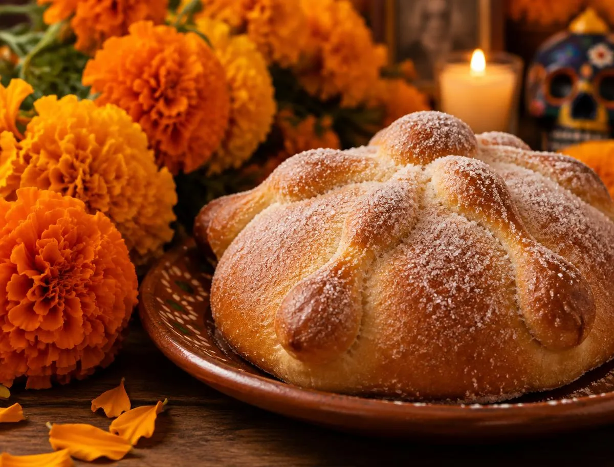 Pan de muerto junto a flores de cempasúchil